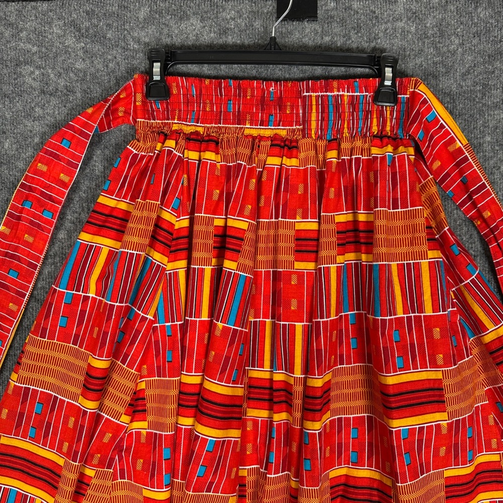 African Print Ankara‎ Knee Length Skirt Medium Red Orange Smocked Waist Boho - Picture 10 of 13